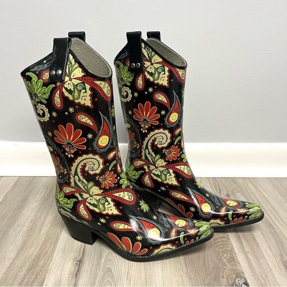 Nomad Rain Boots Women’s 7 Paisley Print Pointed Toe Heeled Cowboy - Picture 1 of 6